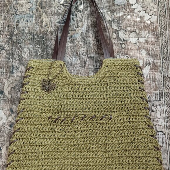Sun And Sand Handbags - Sun N’ Sand Medium Natural Crochet Shoulder Tote Green Brown Butterfly Bag Charm